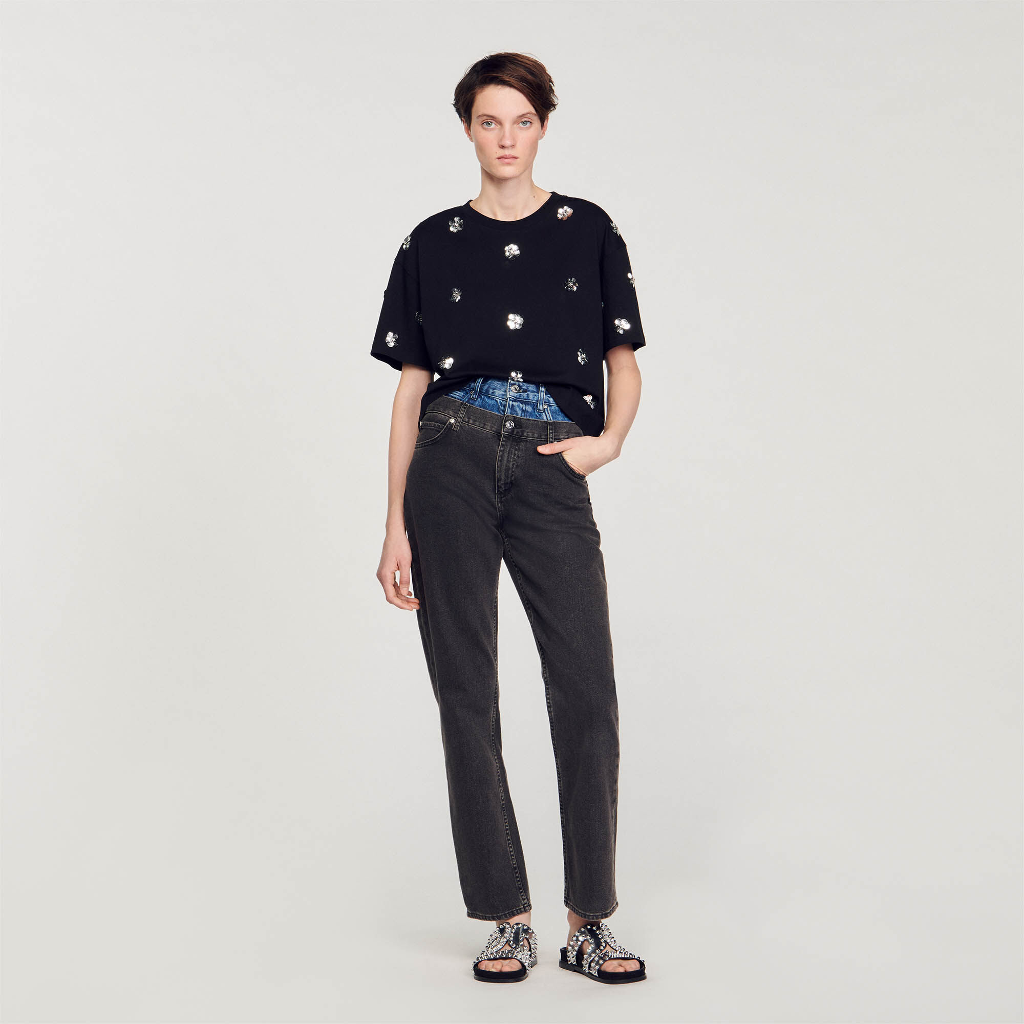 Flower Sequin T-Shirt : Tops & T-shirts&nbsp; color Black