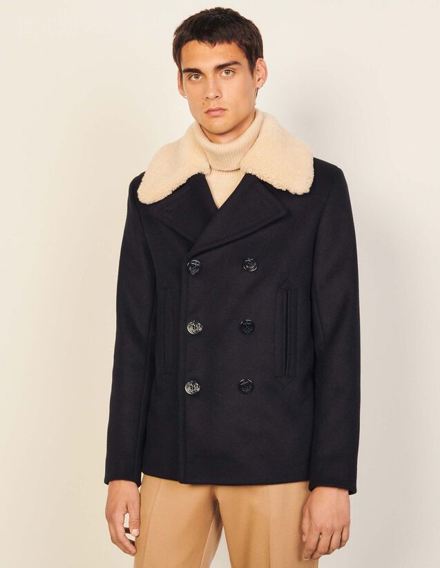 Pea Coat With Sheepskin Collar : Trench coats & Coats color Black