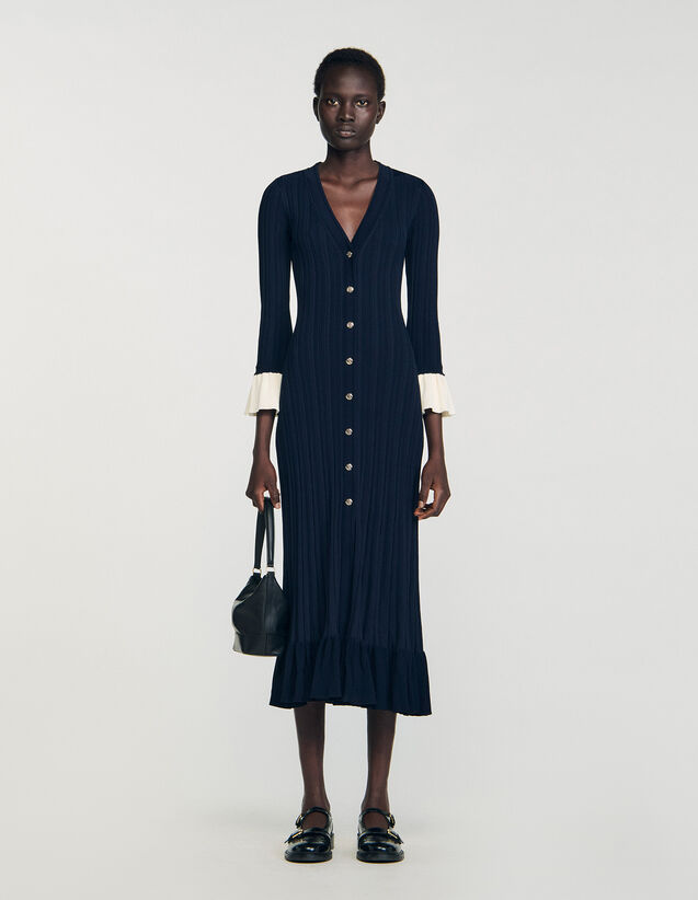 Two-Tone Knit Maxi Dress - SFPRO04094 | sandro-paris.com Two-Tone Knit Maxi Dress : Dresses color Navy Blue