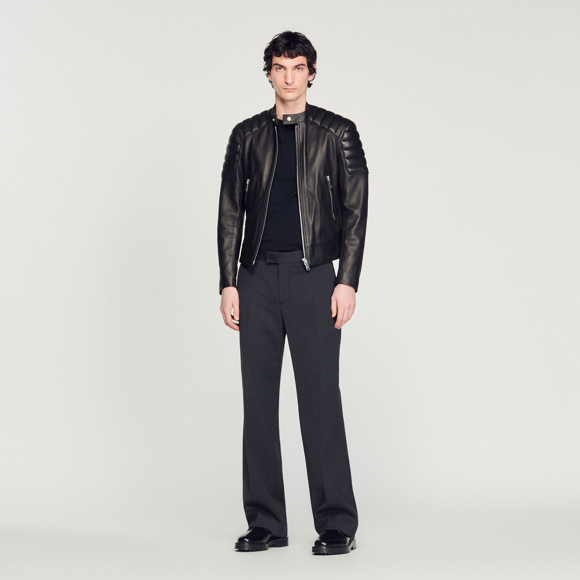 Leather Jacket With Quilted Trims : Jackets & Coats color Black
