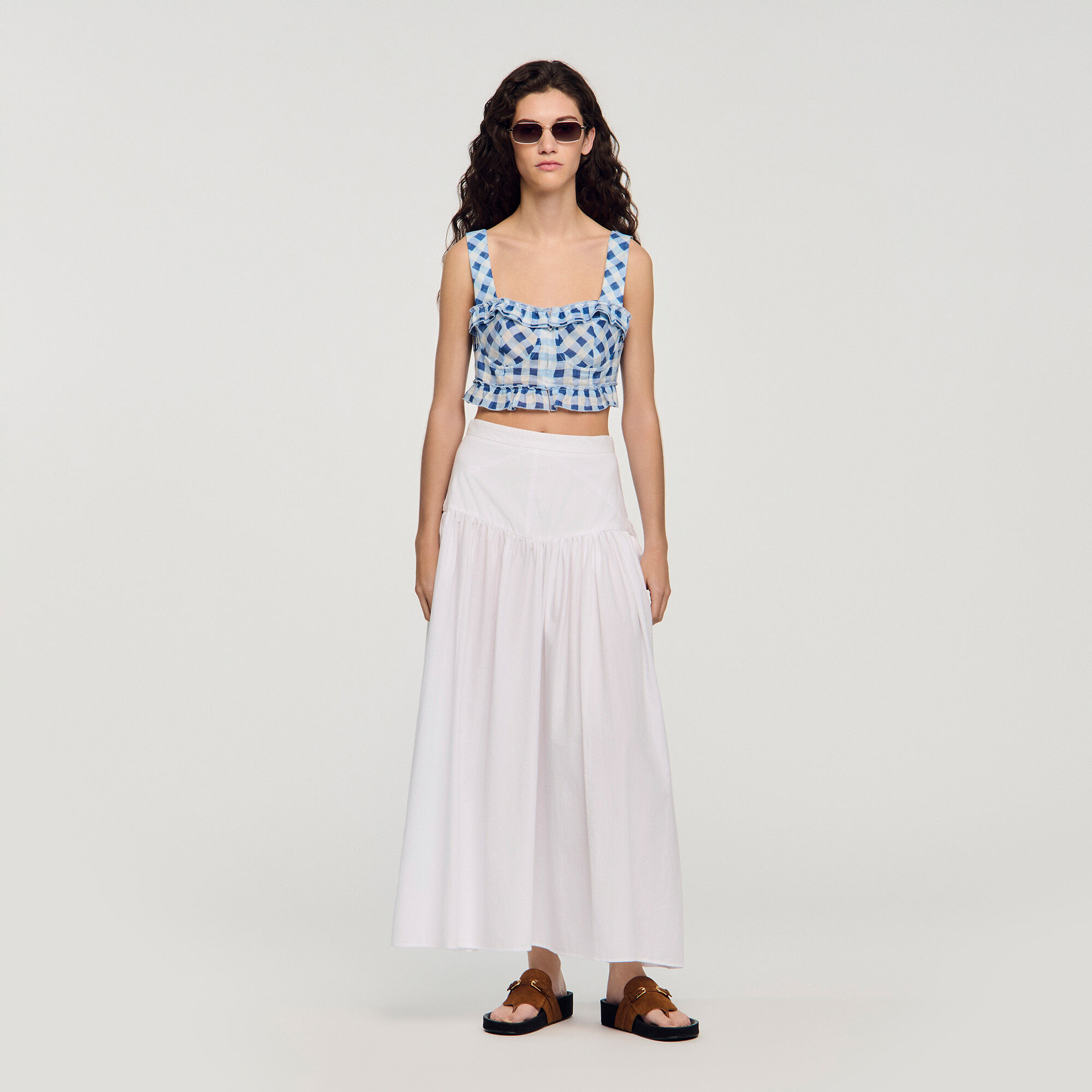 Gingham Linen Crop Top : Tops color Blu / White