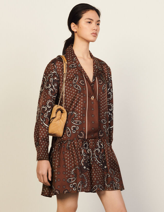 Short Printed Silk Dress : Dresses color Black Brown