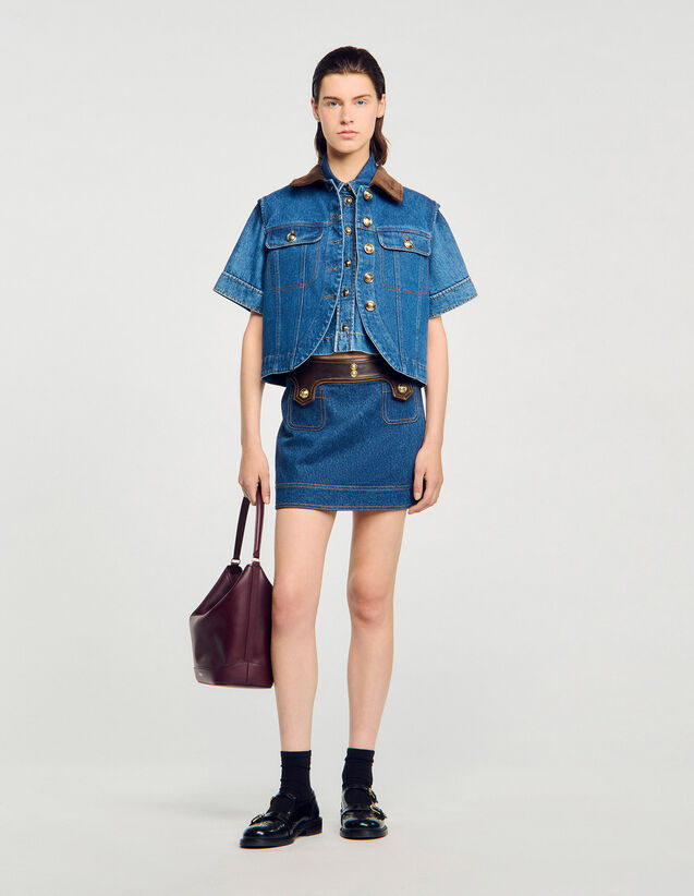 Short Denim And Leather Skirt - SFPJU01479 | sandro-paris.com Short Denim And Leather Skirt : Skirts & Shorts color Dark Blue