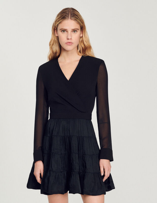 Short Flowing Dual-Fabric Dress : Dresses color Black