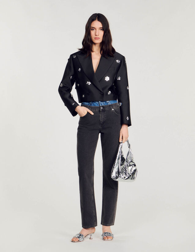 Short Satin-Look Floral Jacket : Blazers & Jackets color Black