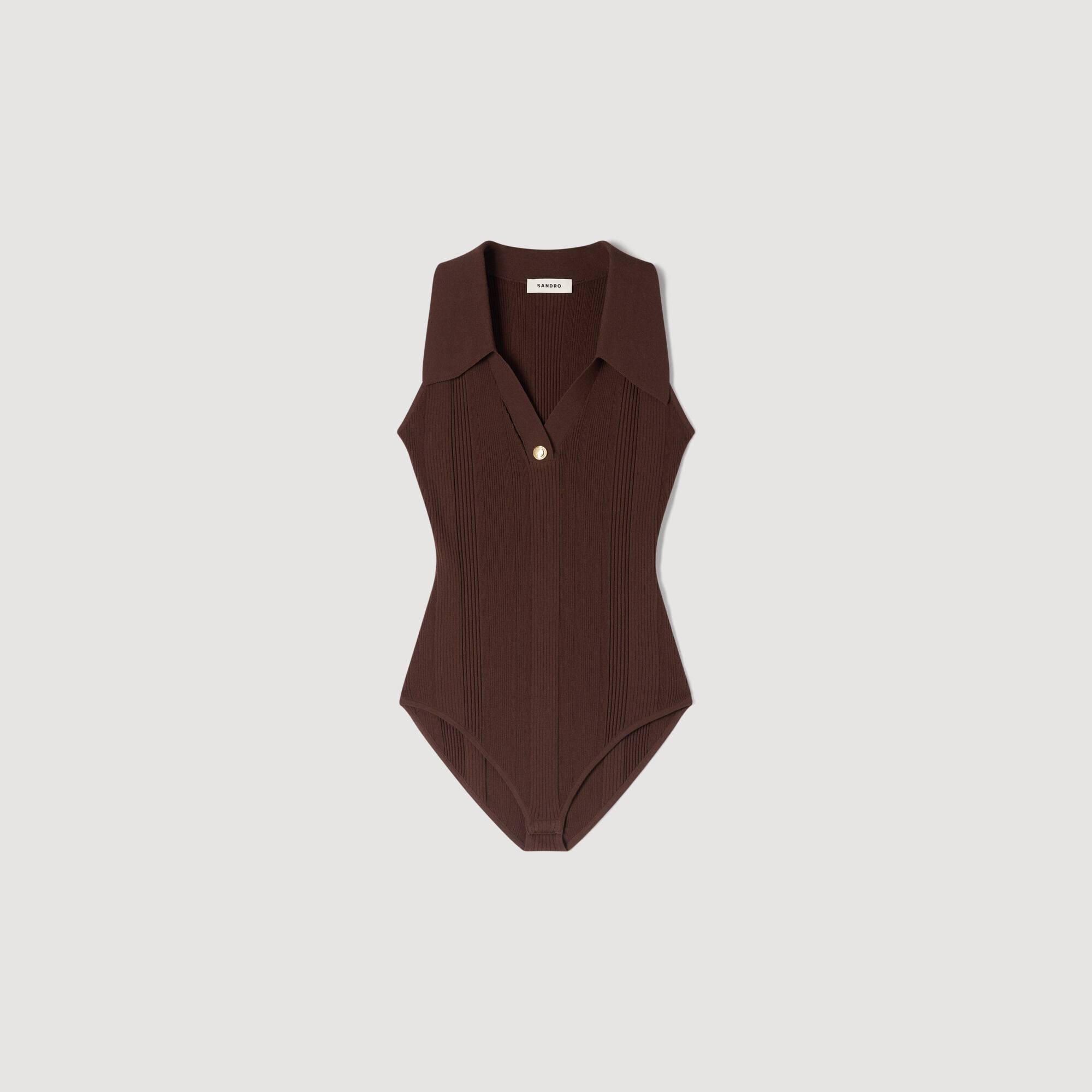 Ribbed Knit Polo Bodysuit : Tops color Brown