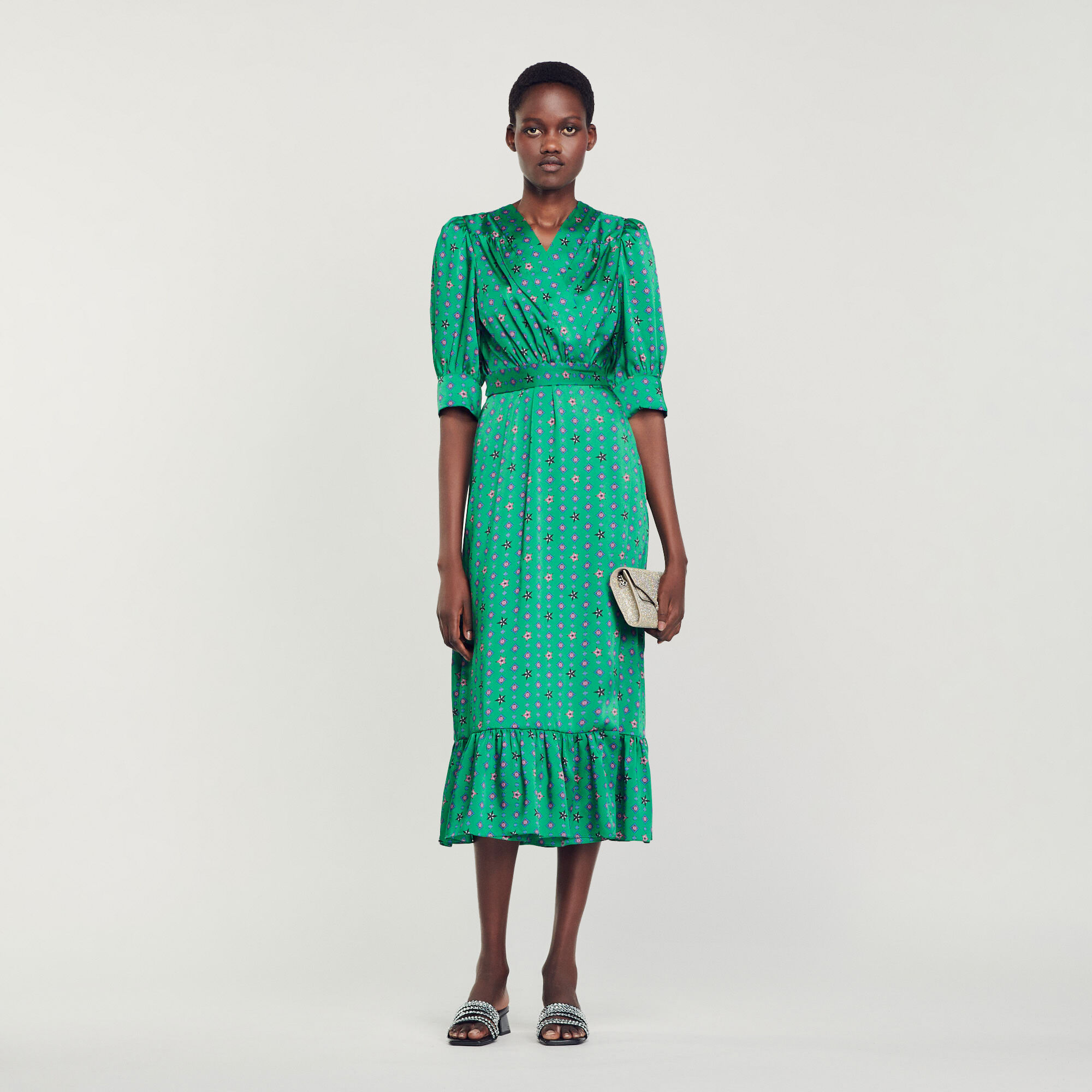 Printed Satin Dress : Dresses&nbsp; color Green / Pink