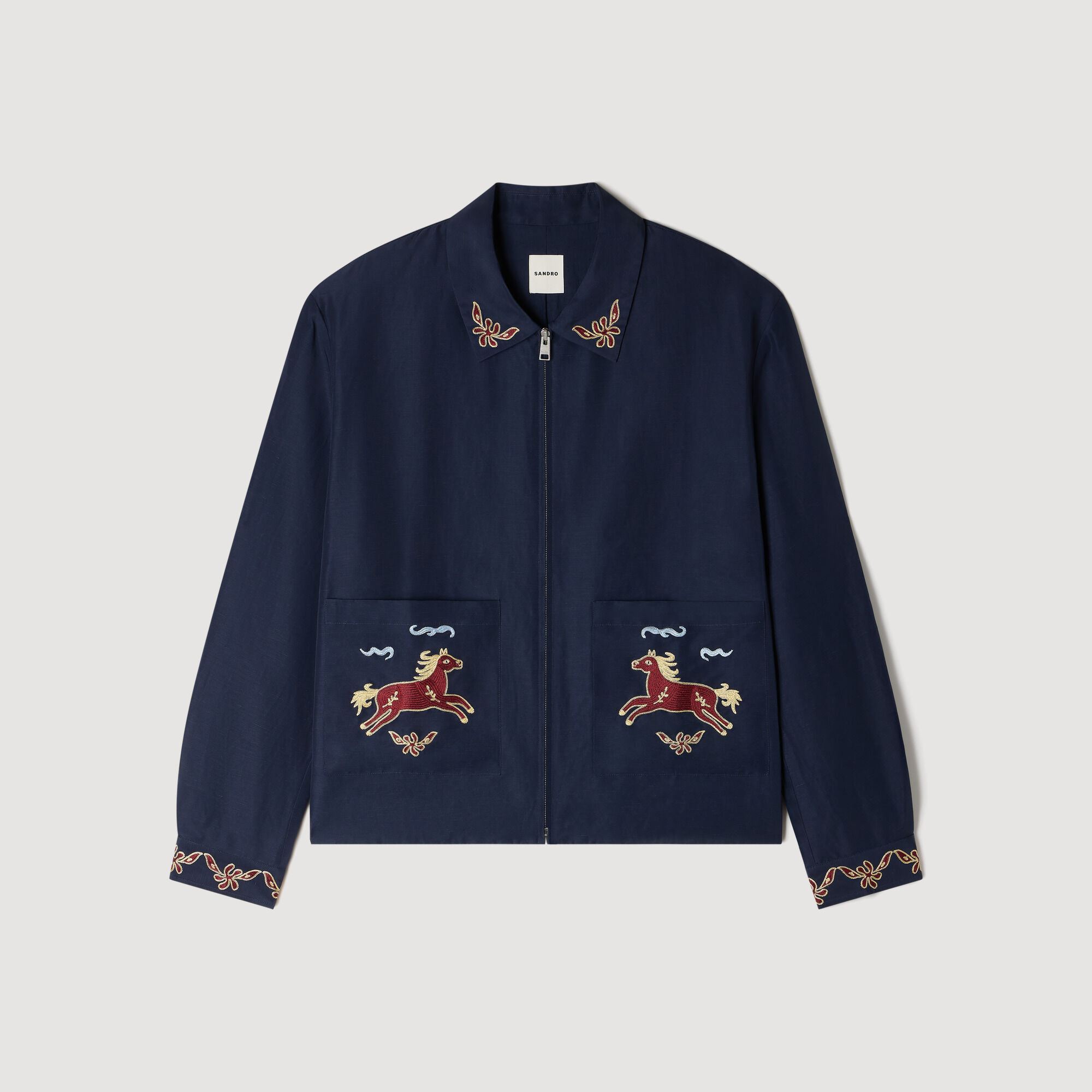 Embroidered Wing Collar Jacket : Jackets & Coats color Navy Blue