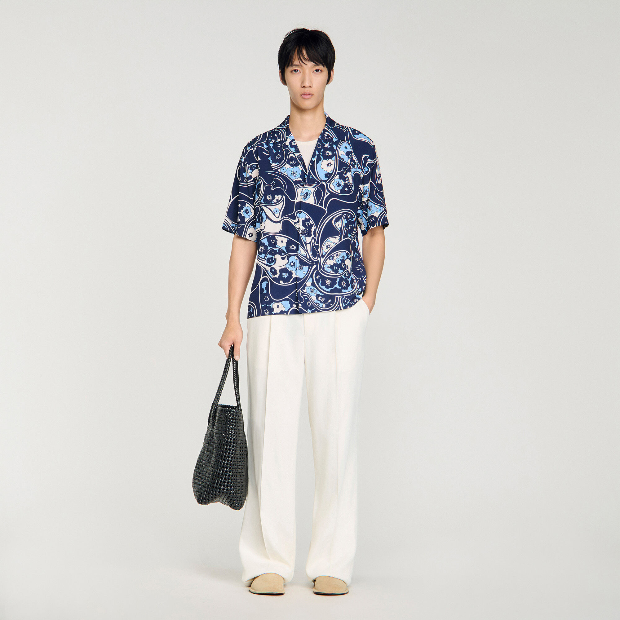 Loose-Fit Print Shark Collar Shirt : Shirts color Navy Blue