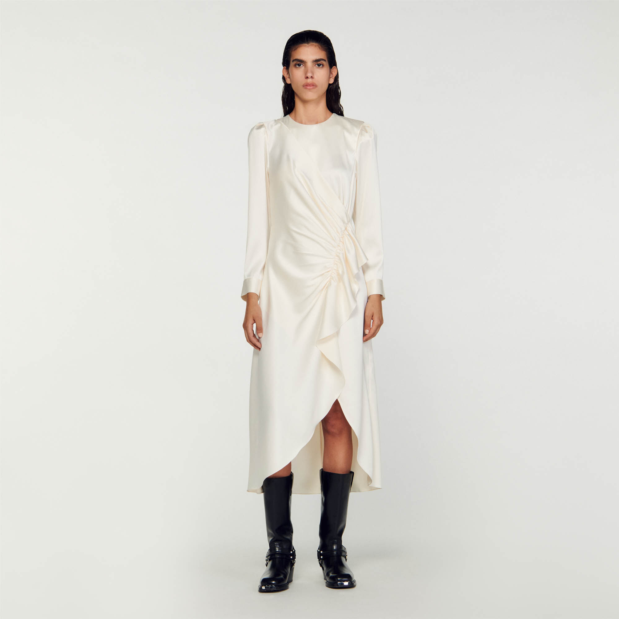 Ruffled Satin-Effect Dress : Dresses&nbsp; color Ecru