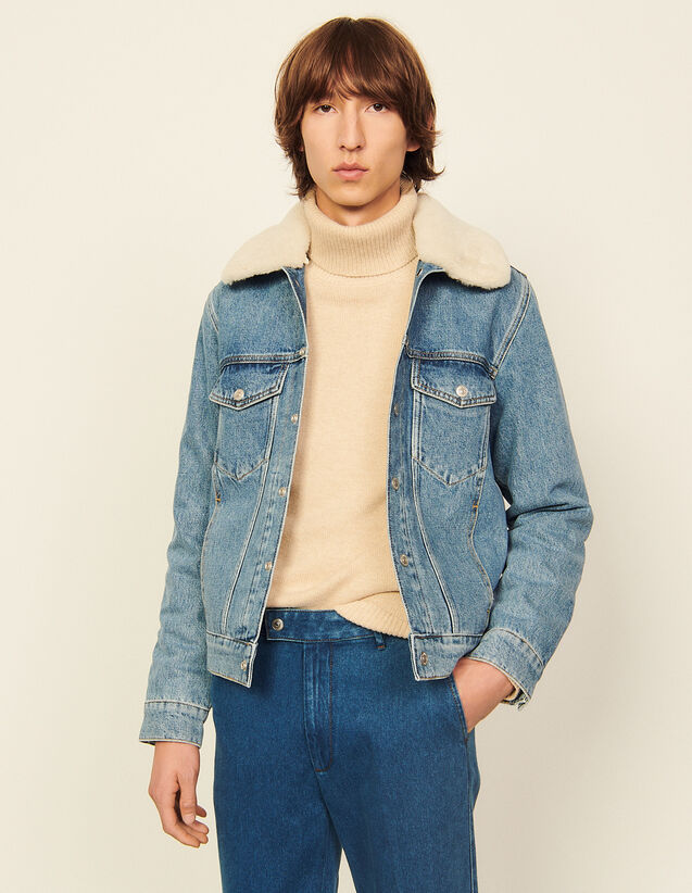 Denim Jacket With Sheepskin Collar : Trench coats & Coats color Blue Vintage - Denim