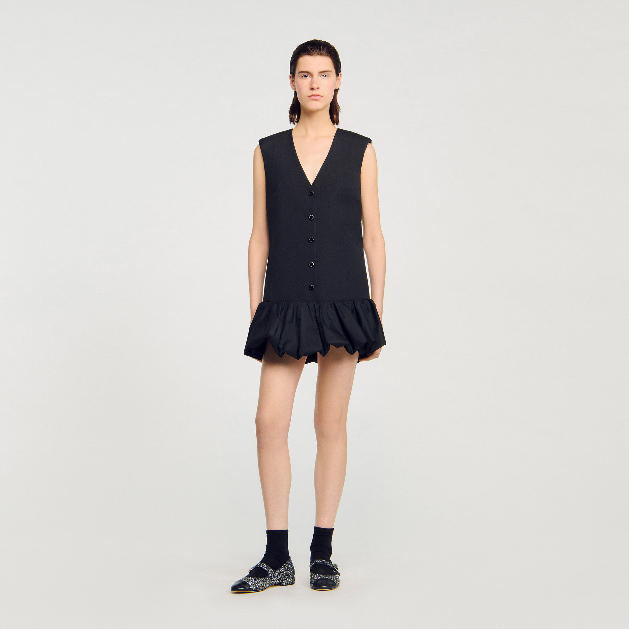 Short Tailored Dress With Ruffle : Dresses color Black