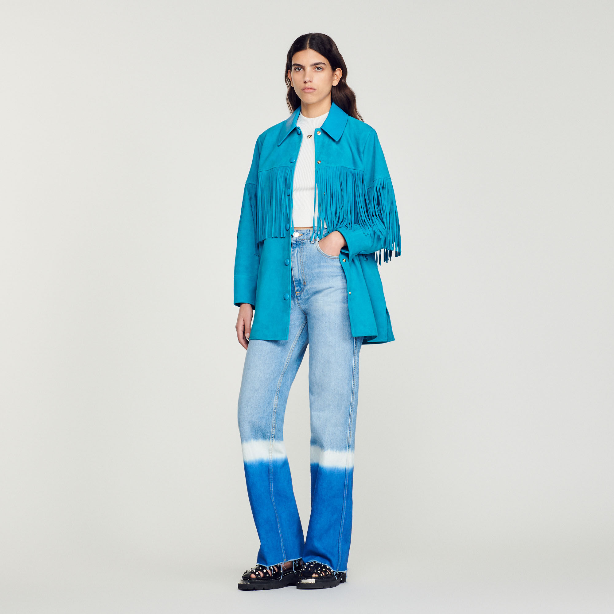 Sandro fringe leather jacket on sale