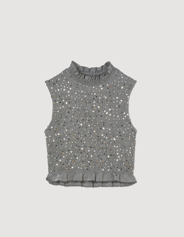Smocked Top With Sequins : T-shirts color Grey