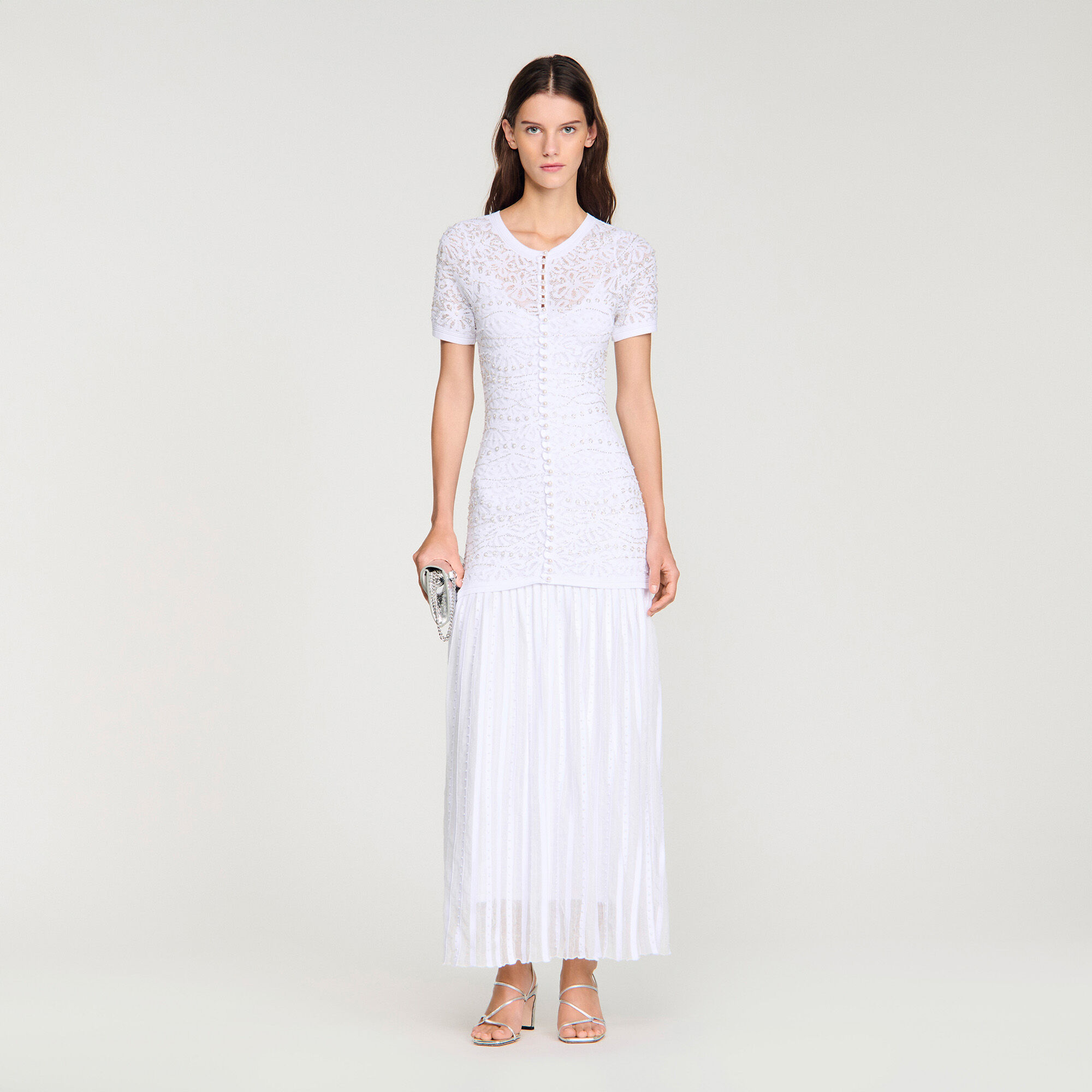Beaded Knit Maxi Dress : Dresses color white