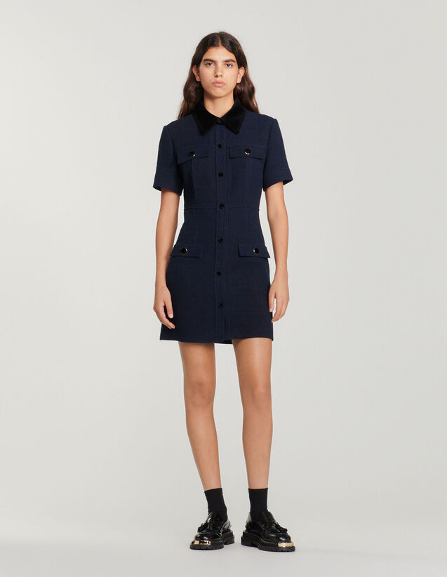 Short Tweed Dress With Velvet Collar : Dresses color Navy Blue
