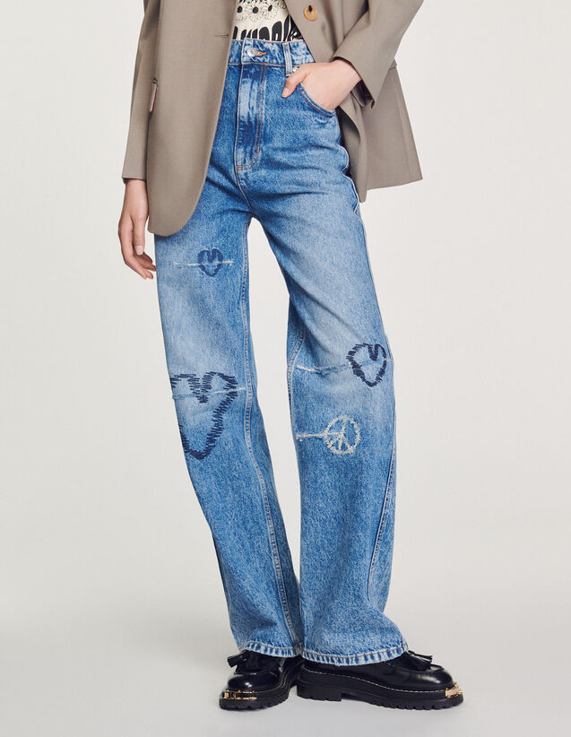 Straight-Leg Jeans With Heart Embroidery : Jeans color Blue Jean
