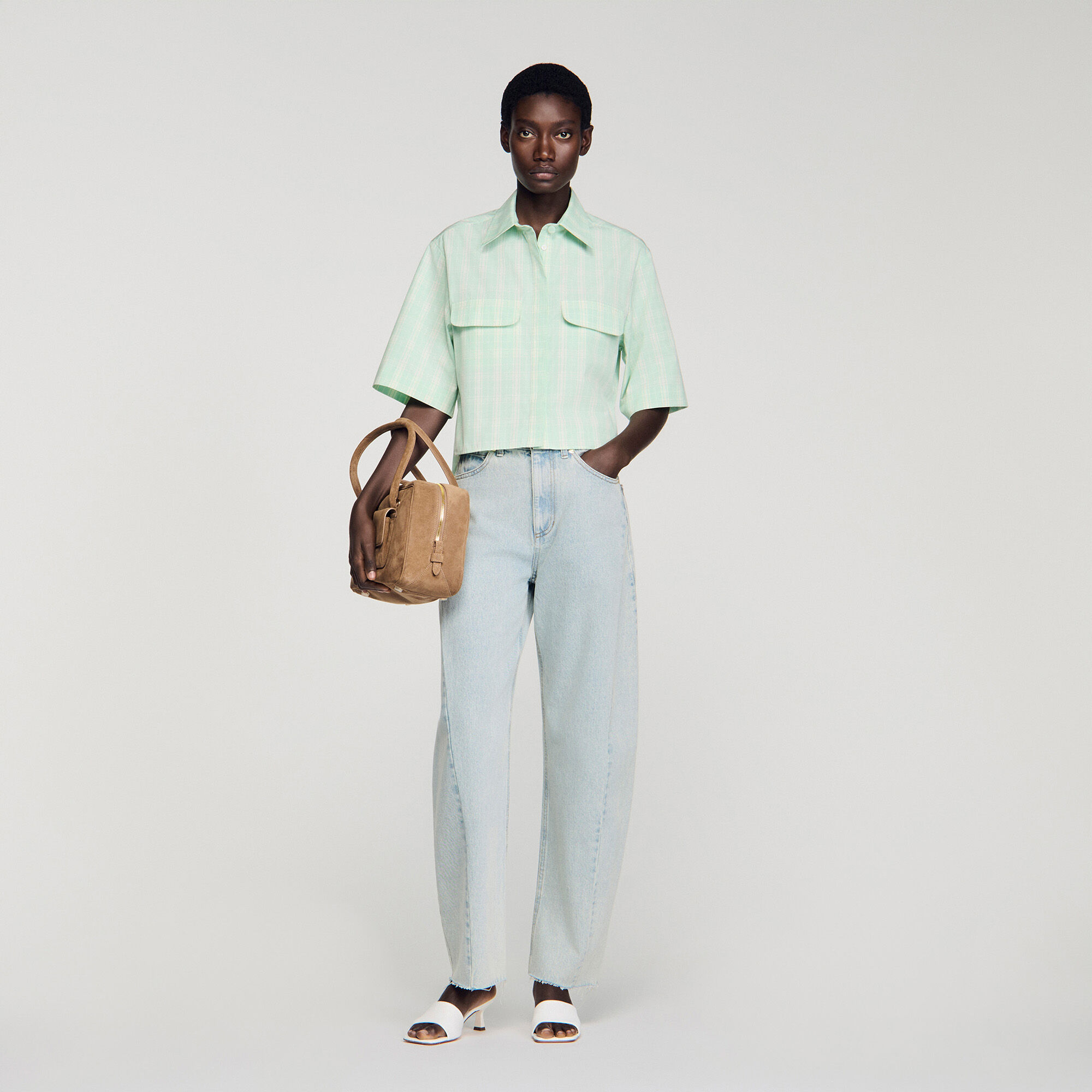 Short Checked Shirt : Shirts color Green / Ecru