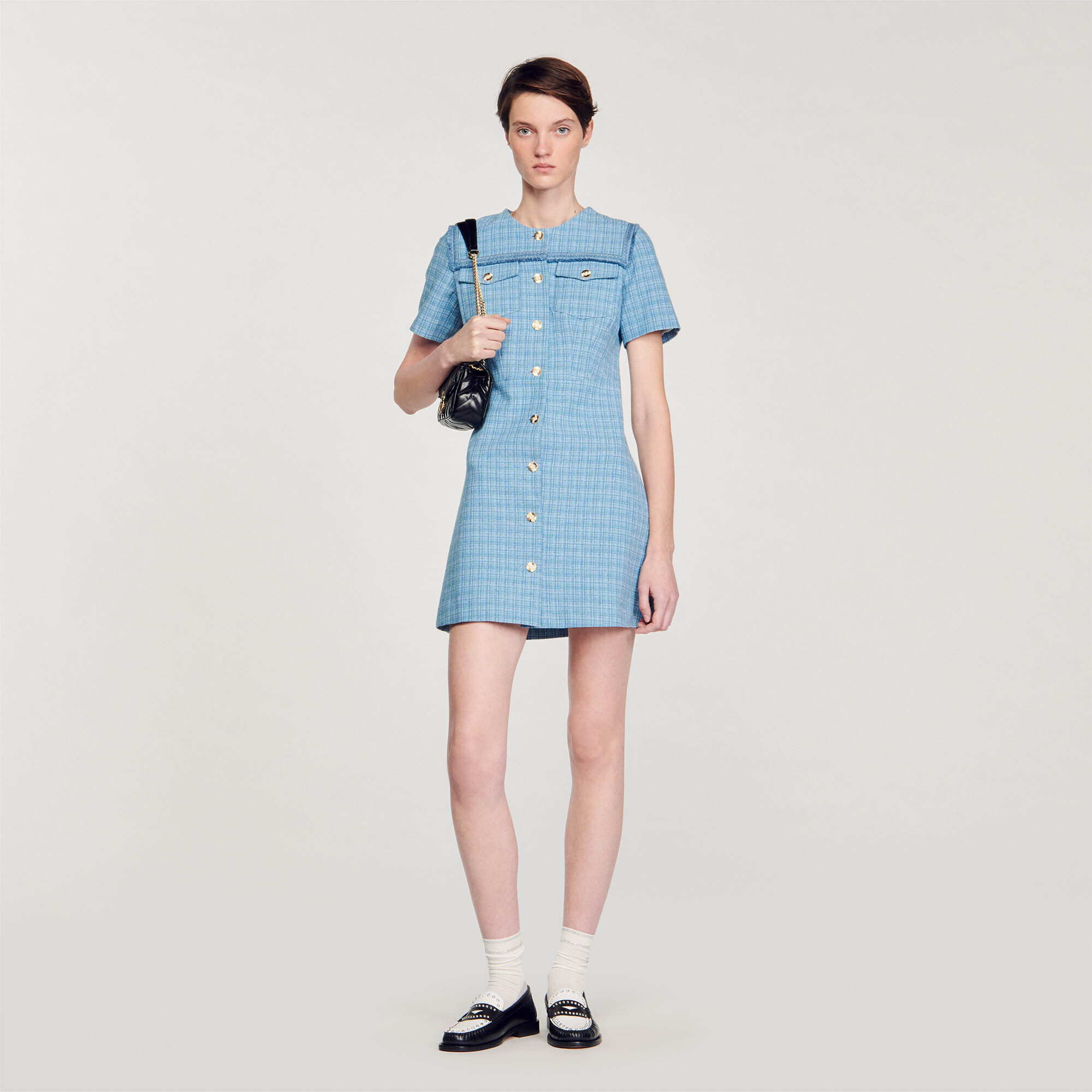 Short Buttoned Tweed Dress : Dresses&nbsp; color Blue