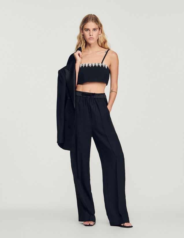 Wide Trousers With Satin Side Stripes : Pants color Black