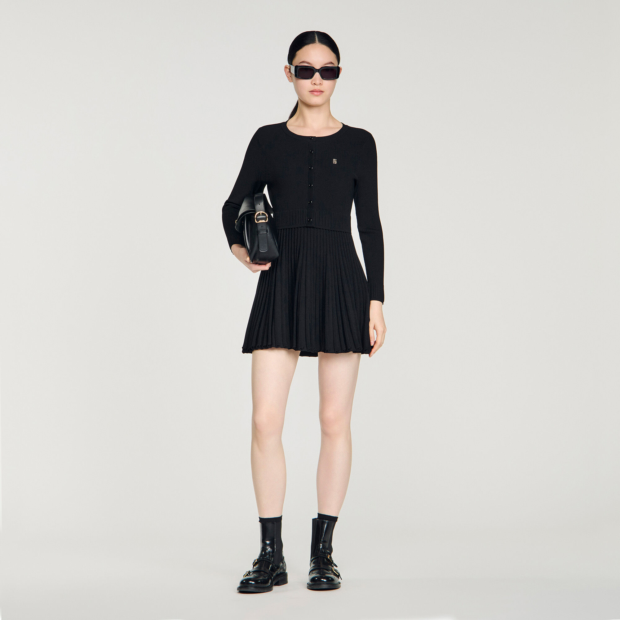 Pleated Knit Short Dress : Dresses color Black