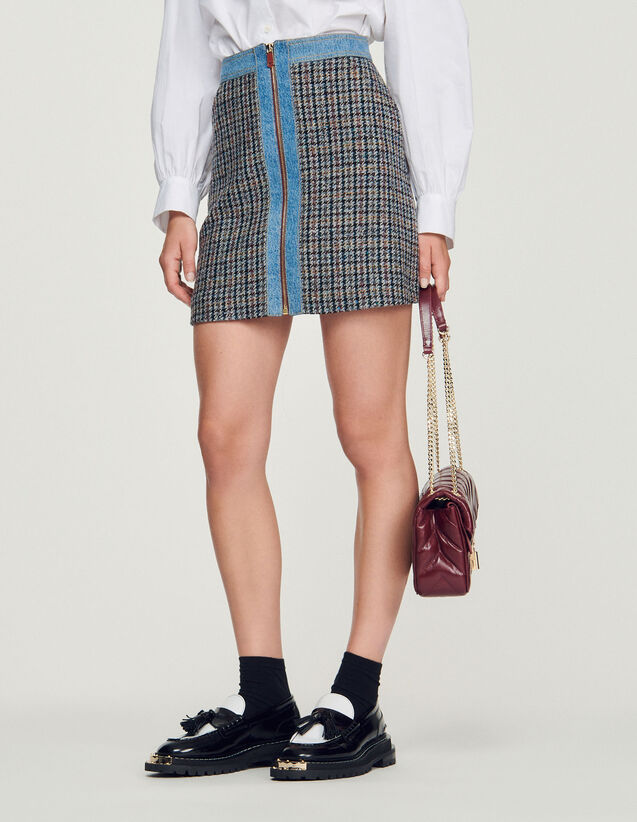 Short Tweed And Denim Skirt : Skirts & Shorts color Blu / Beige