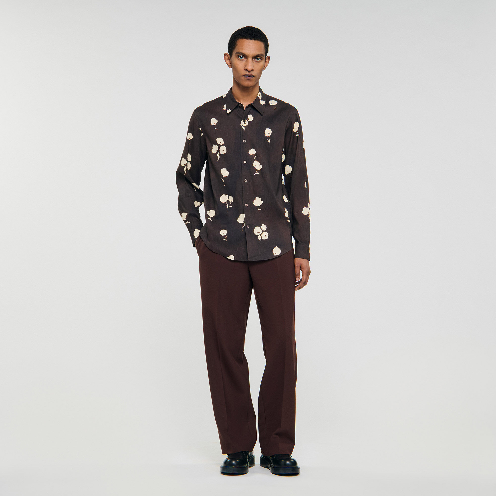 Floral Print Linen Shirt : Shirts color Chocolate