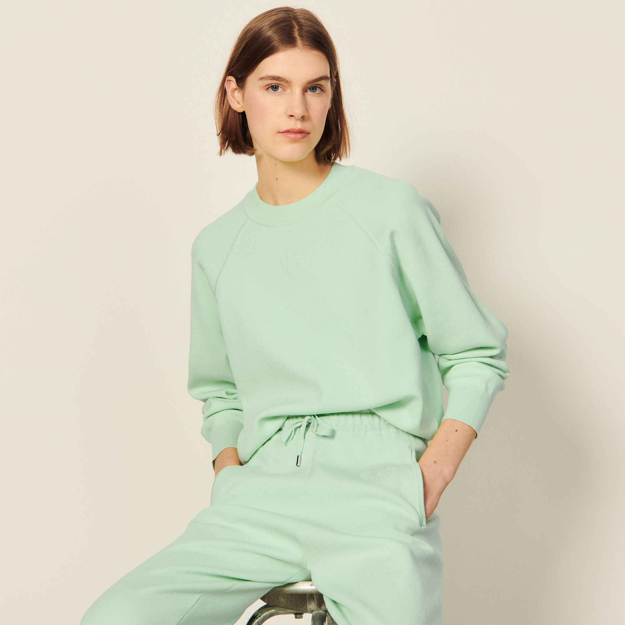 33 Embroidered Knit Sweatshirt : Tops color Mint 0 1 2 3 4 