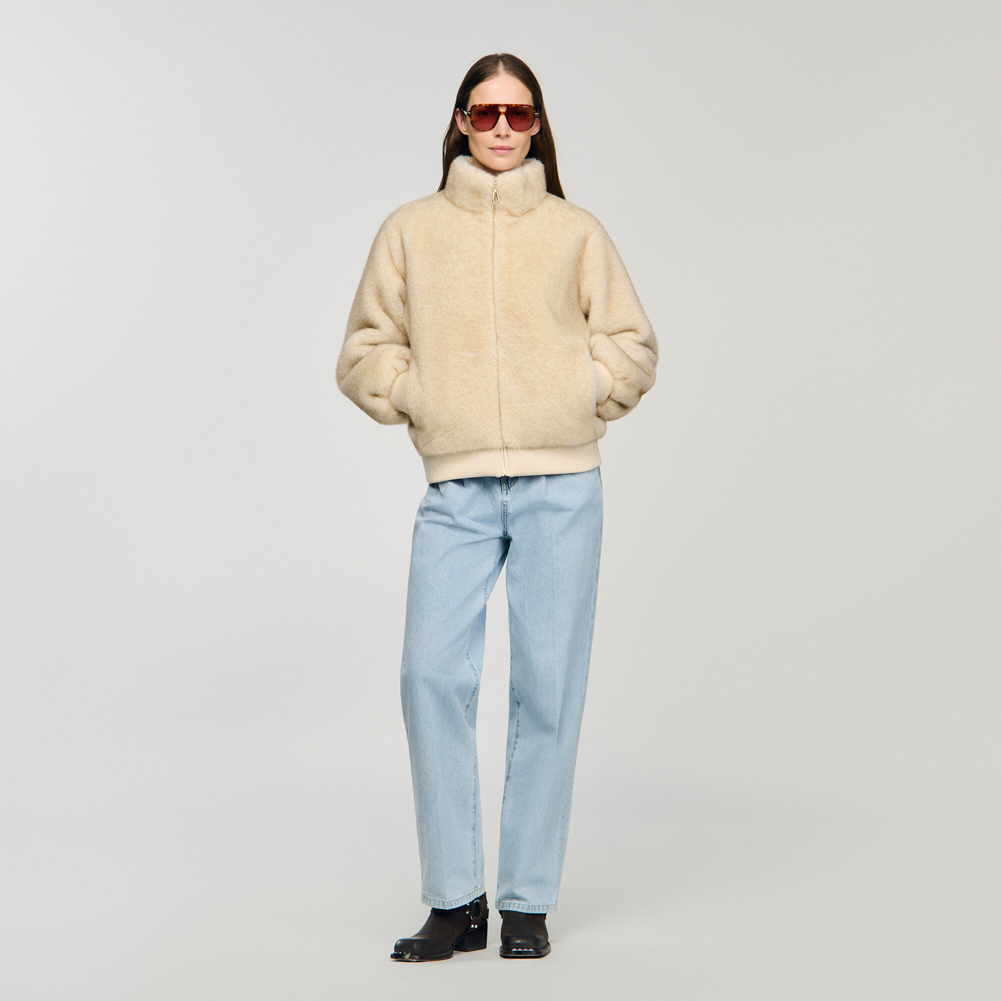 Faux Fur Jacket : Coats & Jackets&nbsp; color Beige