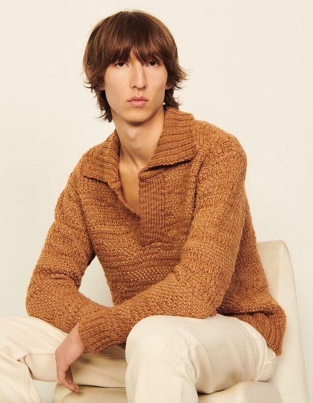Hand-Knitted Effect Polo Sweater : Sweaters & Cardigans color Brown