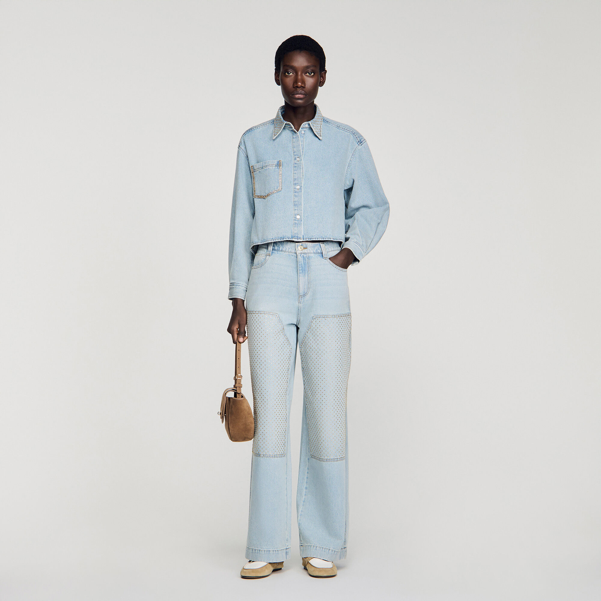 Rhinestone Cropped Denim Shirt : Tops color Light bu jean