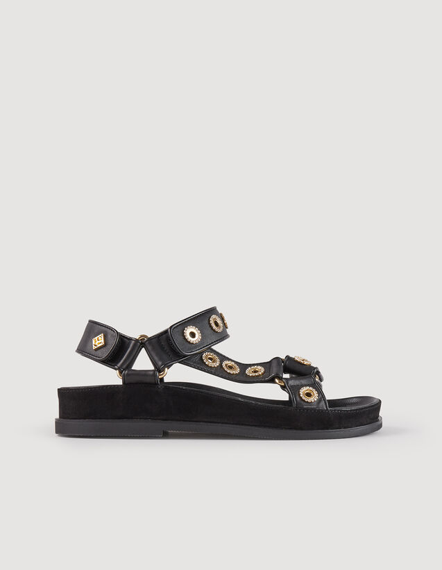 Rhinestone Hook-And-Loop Sandals : Sandals color Black