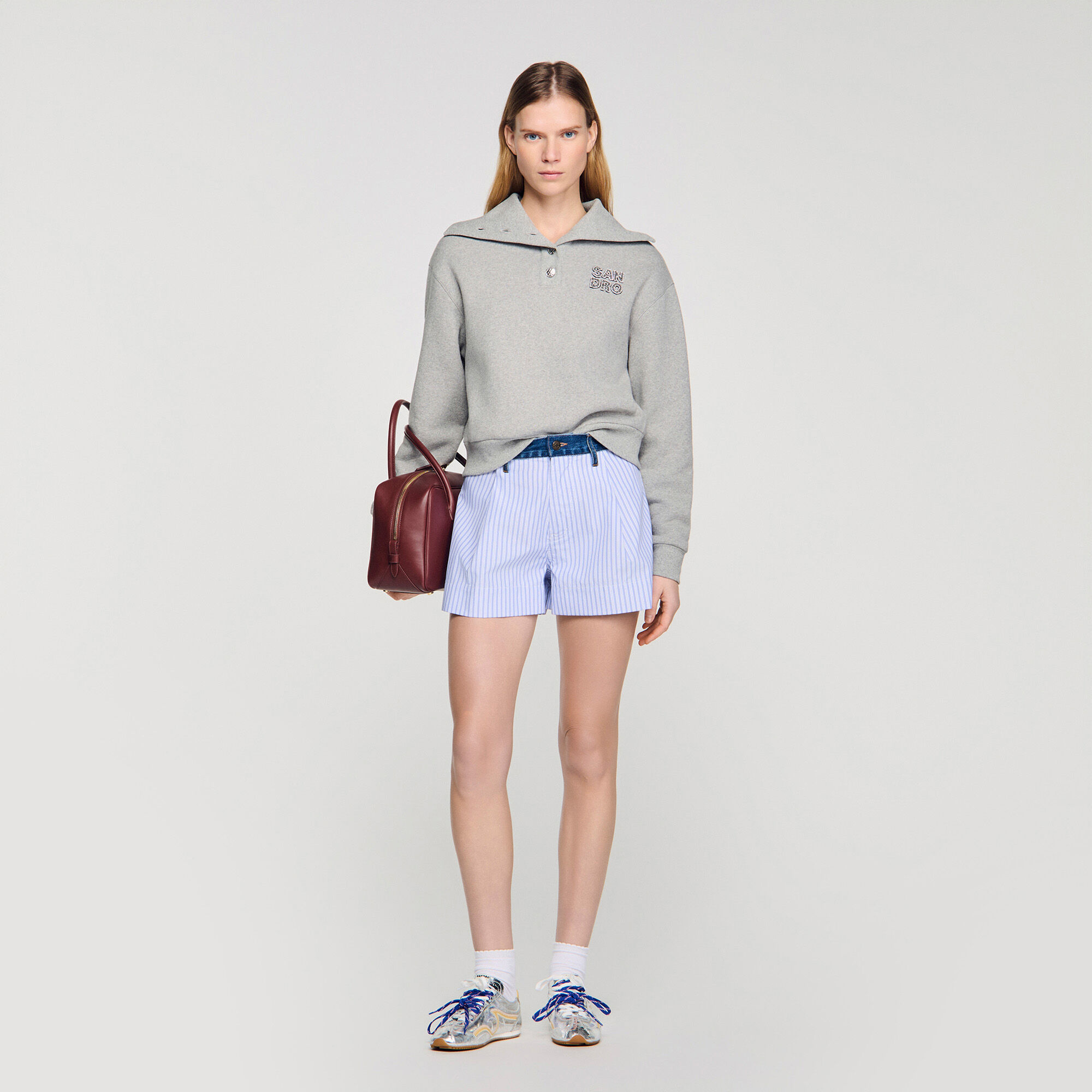 Embroidered Split Neck Sweatshirt : Tops color Grey