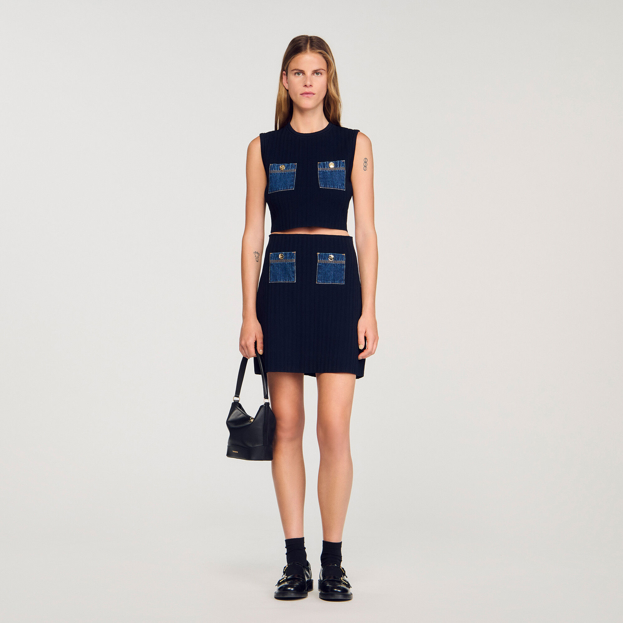 Knit And Denim Top : Sweaters & Cardigans color Navy Blue