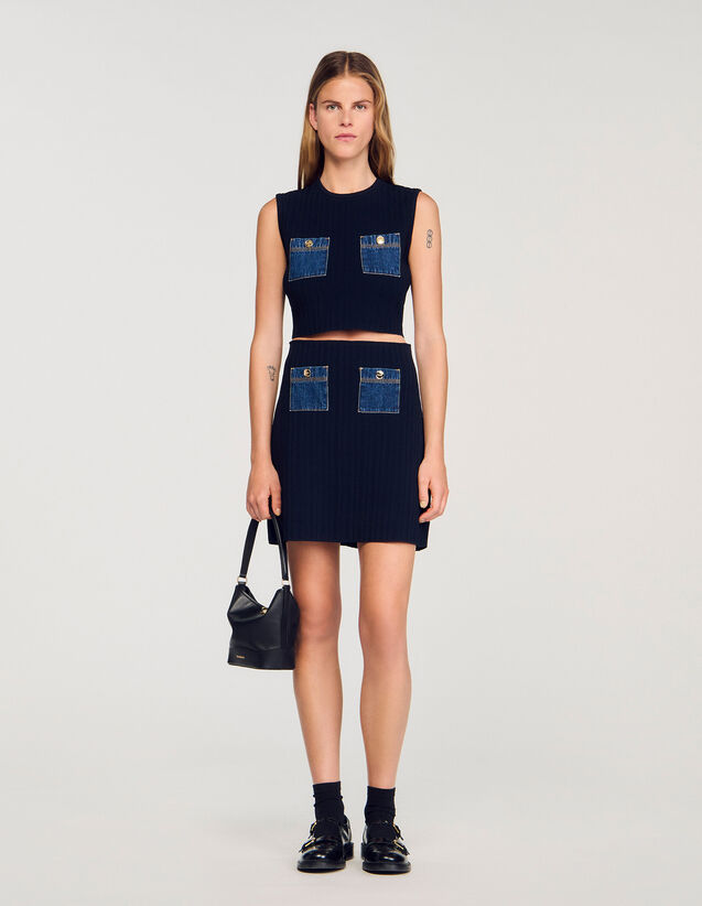 Knit And Denim Top - SFPPU02641 | sandro-paris.com Knit And Denim Top : Sweaters & Cardigans color Navy Blue
