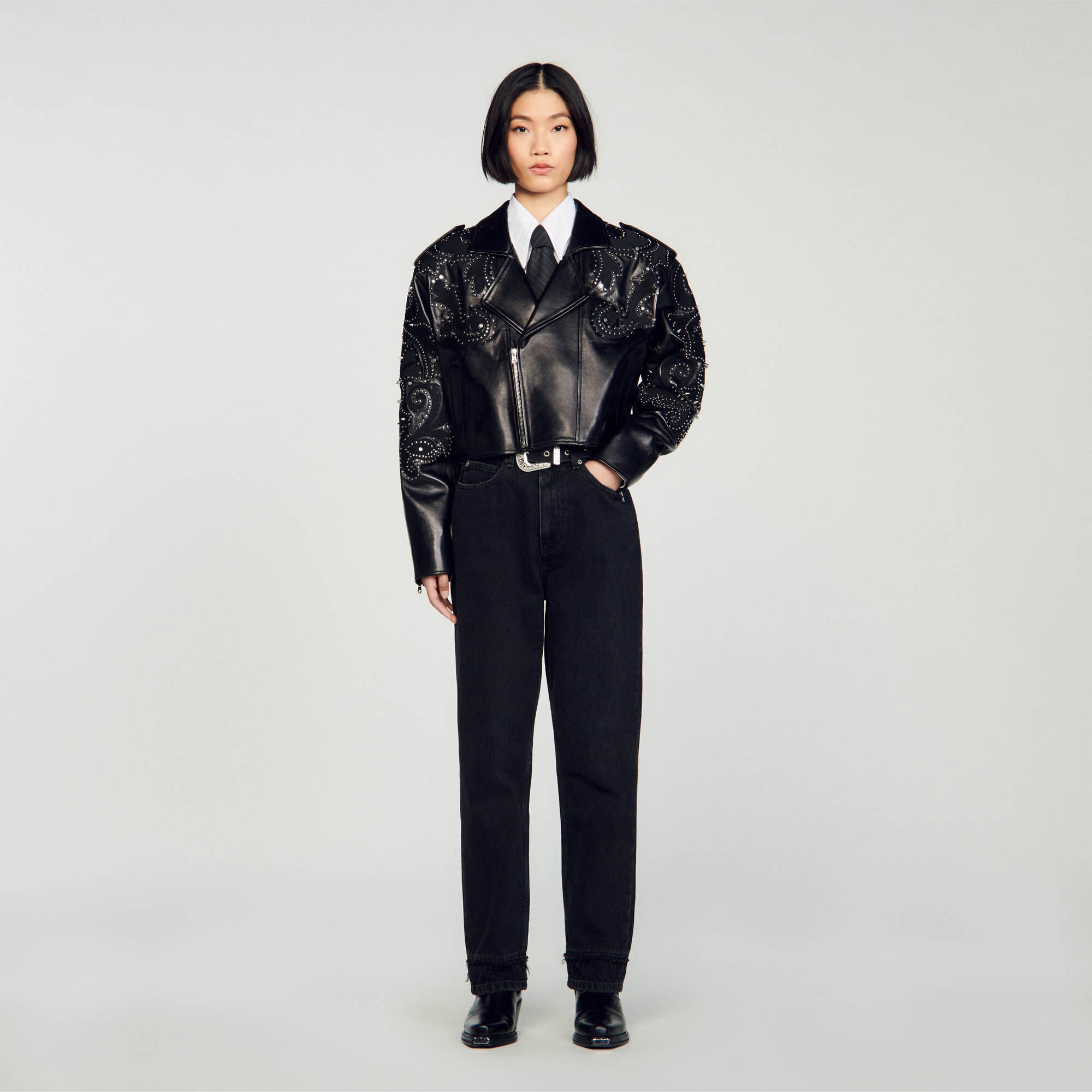 Studded Leather Jacket : Coats & Jackets&nbsp; color Black