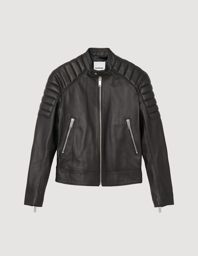 Leather Jacket With Quilted Trims : Trench coats & Coats color Black