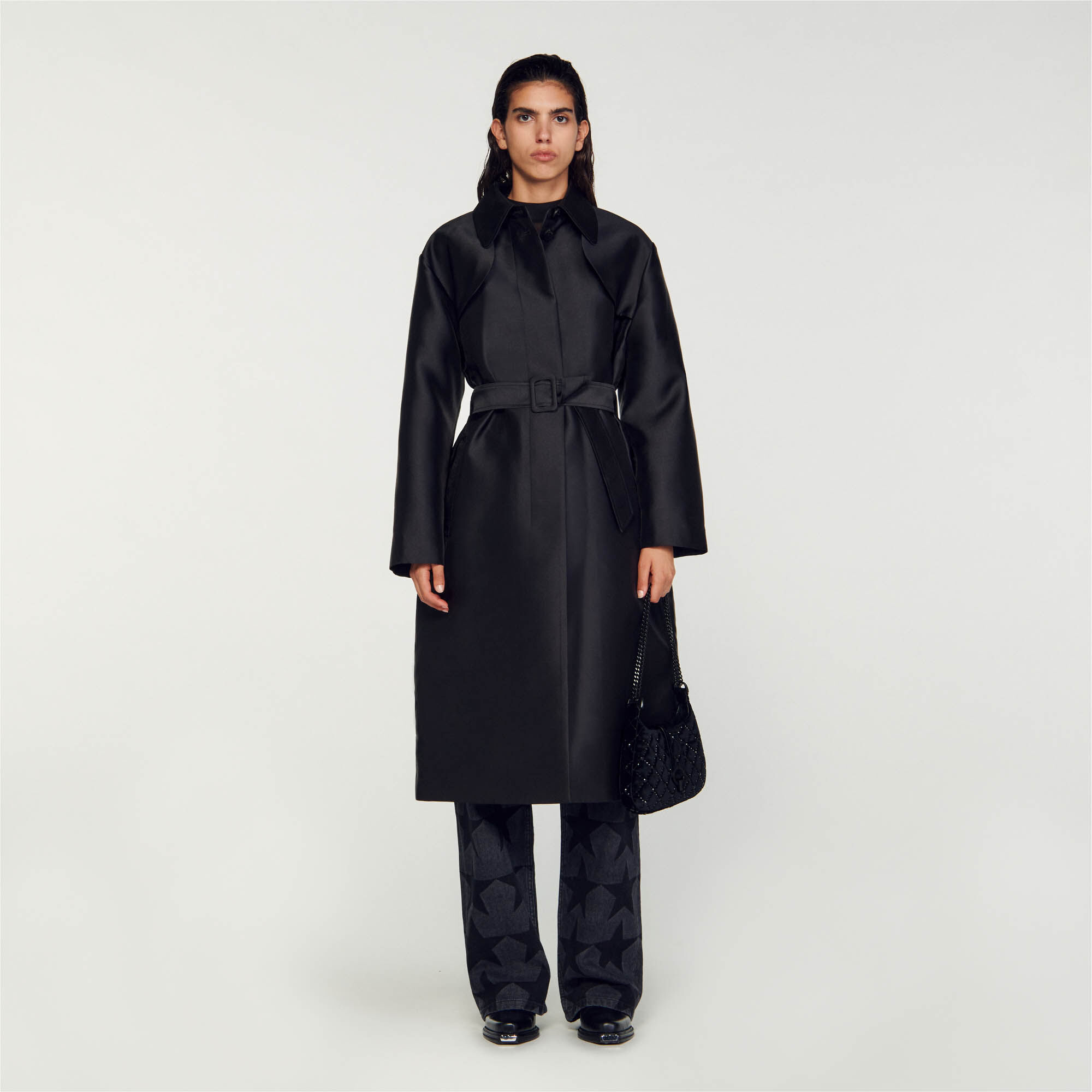 Satin-Effect Trench Coat : Coats & Jackets&nbsp; color Black