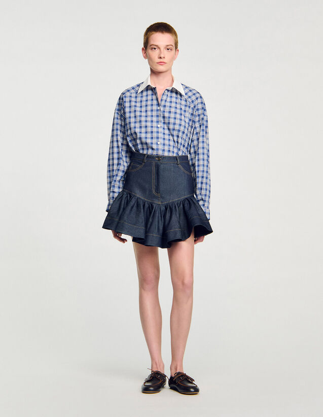Short Denim Ruffled Skirt - SFPJU01507 | sandro-paris.com Short Denim Ruffled Skirt : Skirts & Shorts color Deep blue