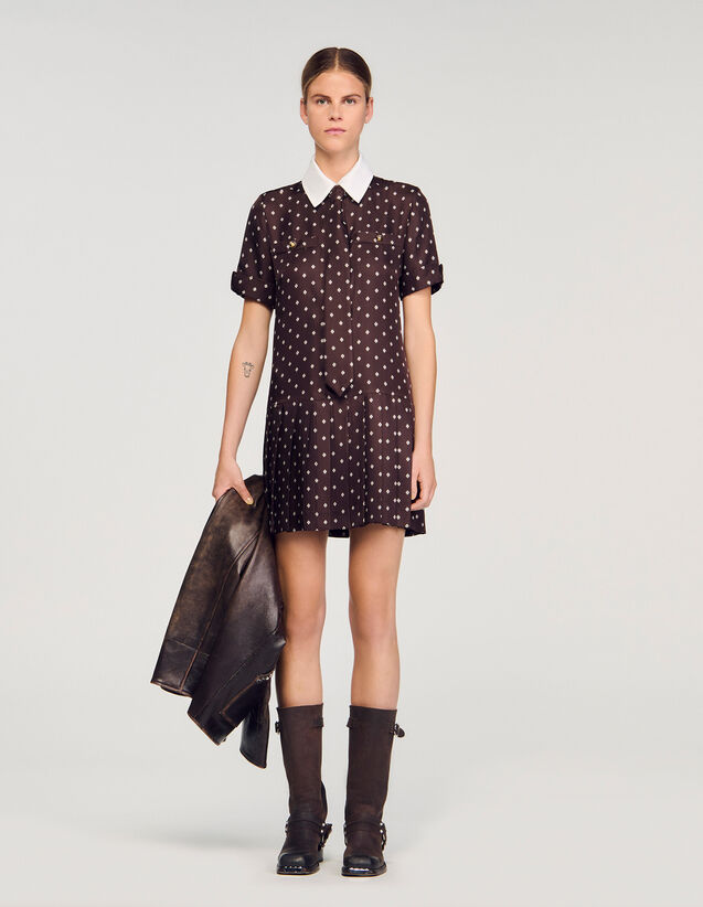Printed Satin-Effect Short Dress - SFPRO04601 | sandro-paris.com Printed Satin-Effect Short Dress : Dresses color Brown / White