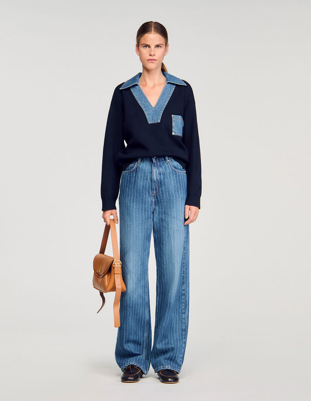 Jumper With Denim Details - SFPPU02624 | sandro-paris.com Jumper With Denim Details : Sweaters & Cardigans color Navy Blue