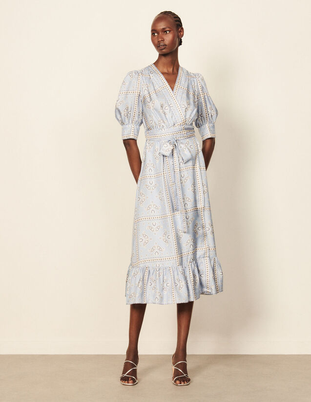 Long Wrapover Dress With Bandana Print : Dresses color Blue/white