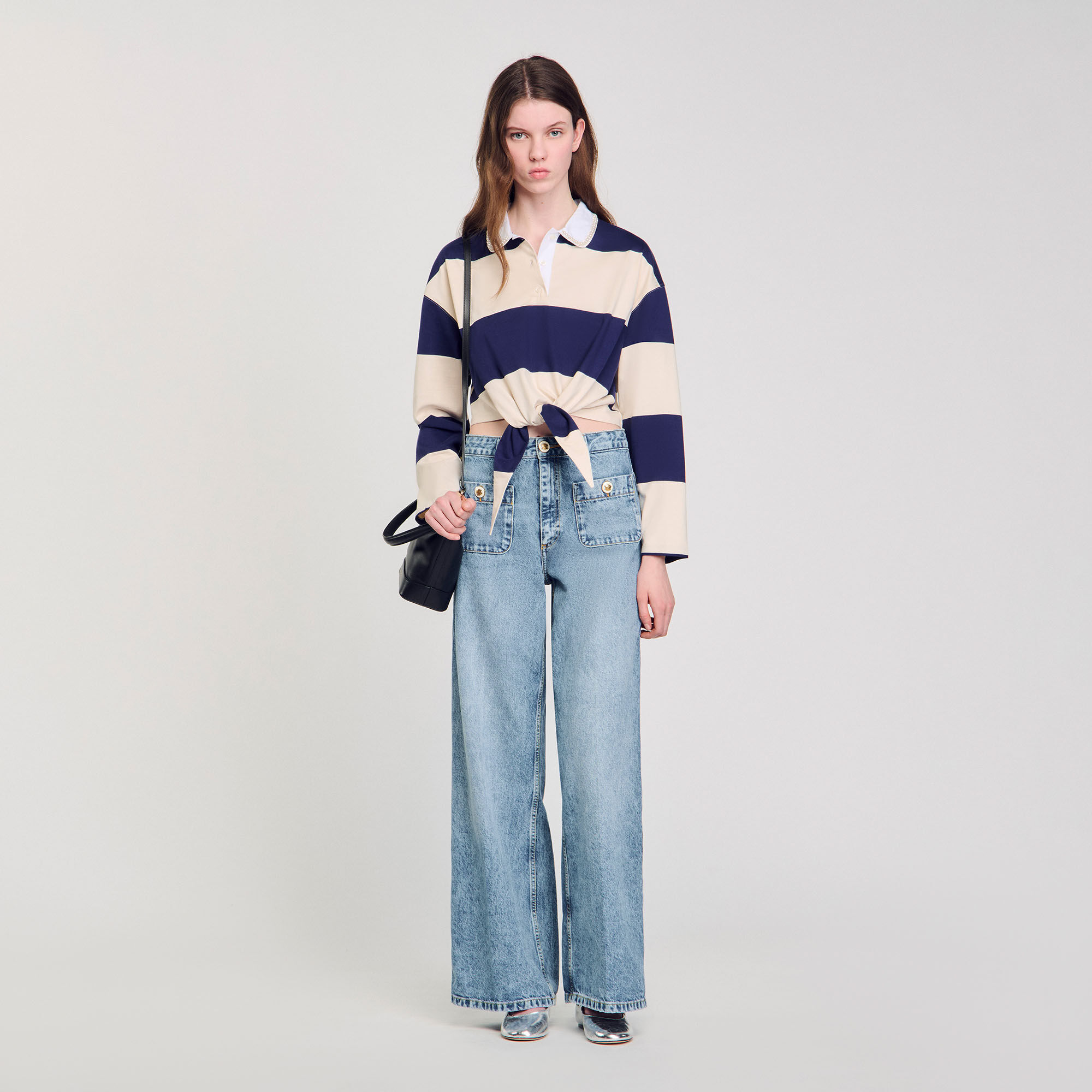 Striped Polo-Neck T-Shirt : null color Navy Blue