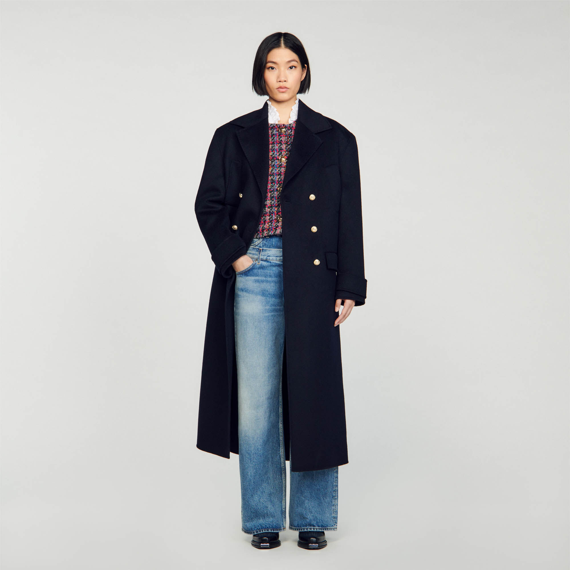Long Double-Breasted Coat : Coats & Jackets&nbsp; color Navy Blue