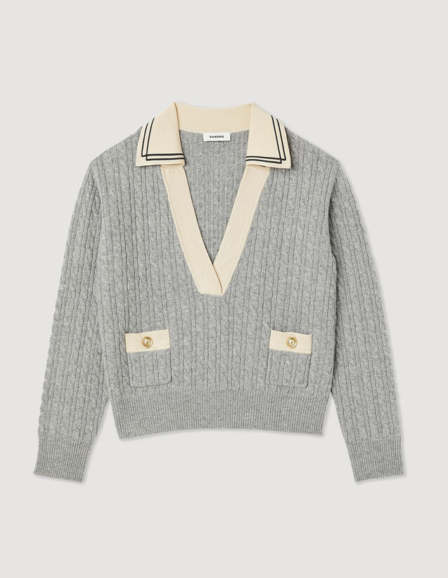 Cable Knit Sweater With Low Neckline : Sweaters & Cardigans color Light Grey