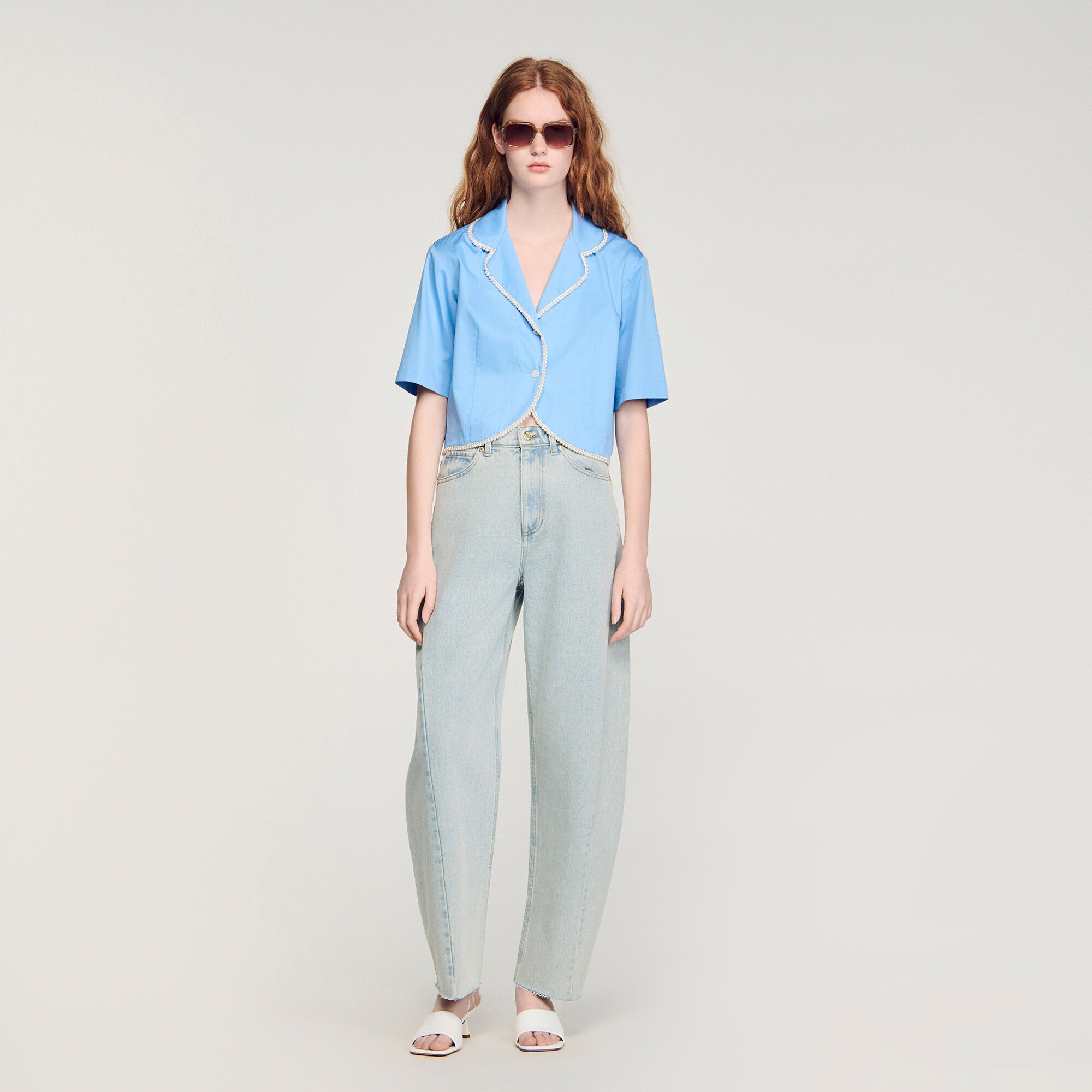 Cotton Shirt With Beaded Trim : Shirts color Blue