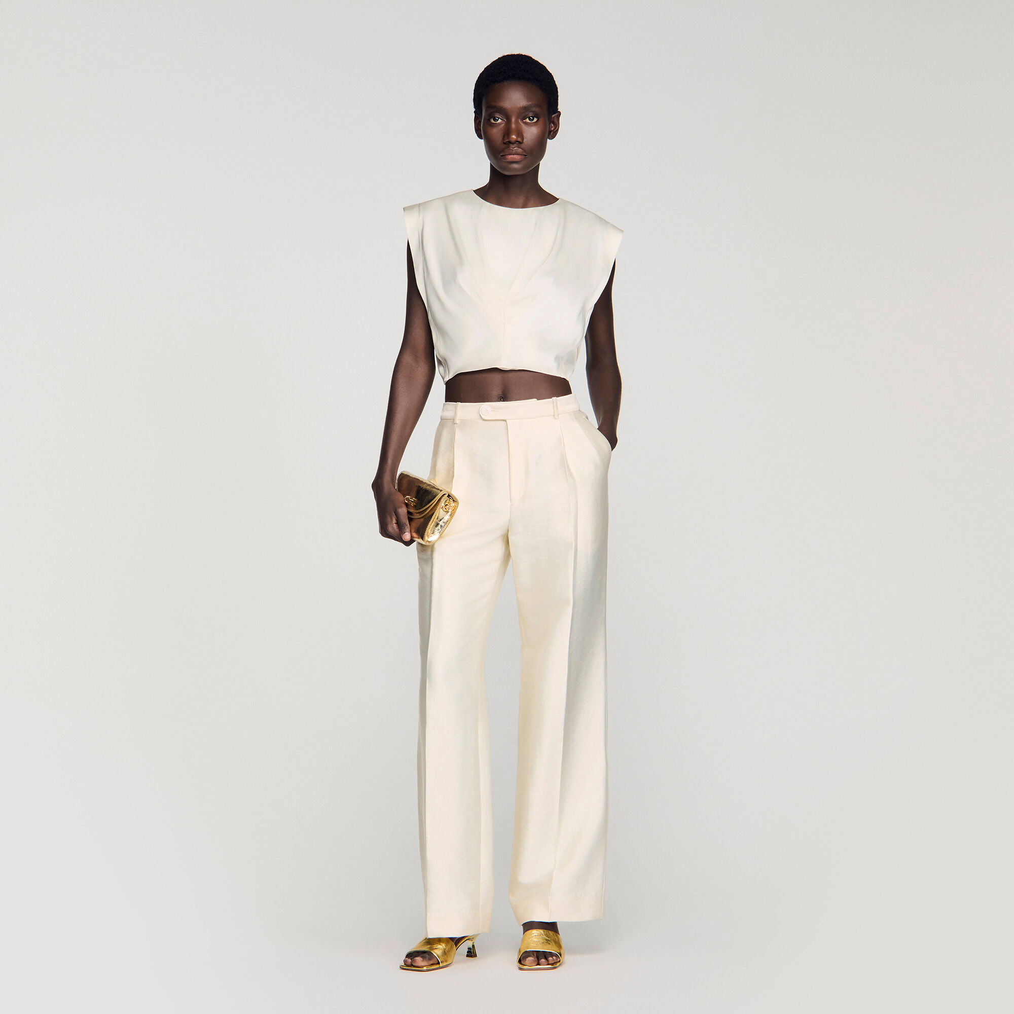 Pleated Satin Crop Top : Tops color Ecru