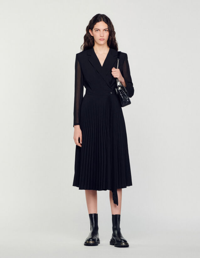 Dual-Material Long-Sleeved Dress : Dresses color Black