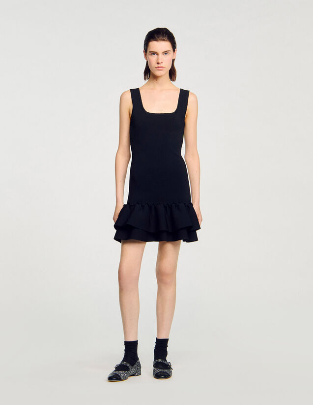 Short Knit Dress With Ruffles - SFPRO04119 | sandro-paris.com Short Knit Dress With Ruffles : Dresses color Black