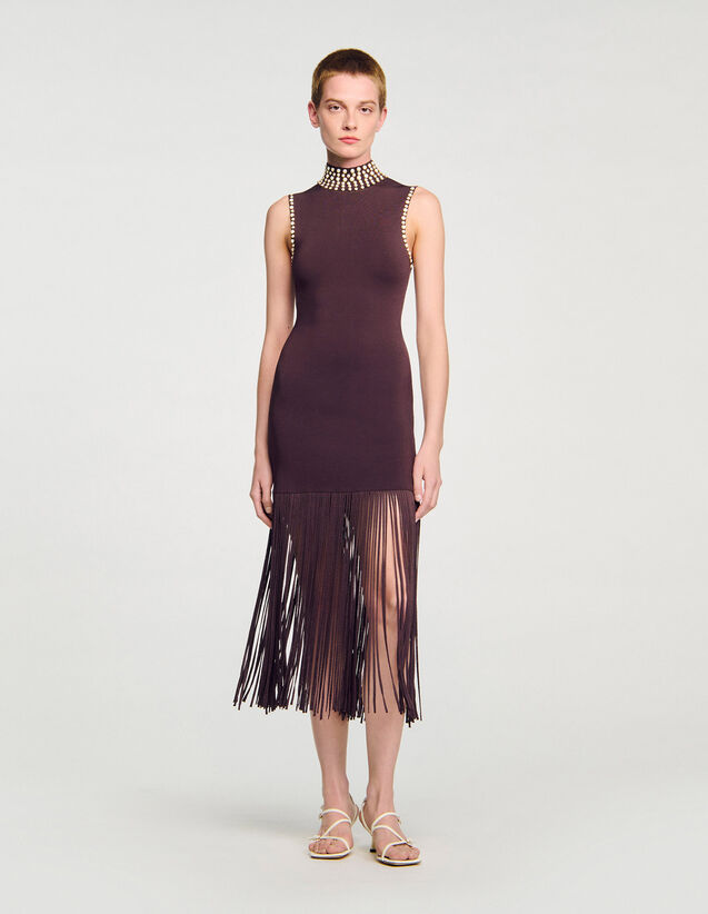 Fringed Knit Maxi Dress - SFPRO04086 | sandro-paris.com Fringed Knit Maxi Dress : Dresses color Brown